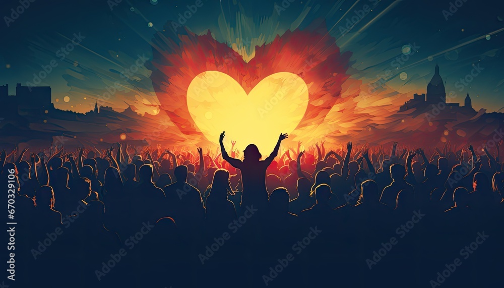 Illustration of Heart Symbol Amongst a Joyful Crowd