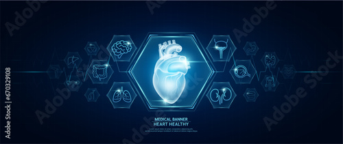 Heart healthy. Human organs icon symbols. Medical science banner design template. Health care medical check up too innovative futuristic digital technology. Examining organ and heart pulse. Vector.