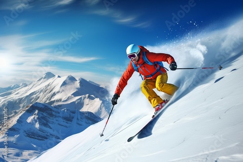 sky blue mountains high downhill skiing Skier ski mountain man snow winter matterhorn switzerland action alpine alps slope speed sport cliff glacier guy holiday ice jump landscape clothing cold colo photo