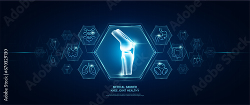 Knee joint bone healthy. Human organs icon symbols. Medical science banner design template. Health care medical check up too innovative digital technology. Examining organ and heart pulse. Vector.