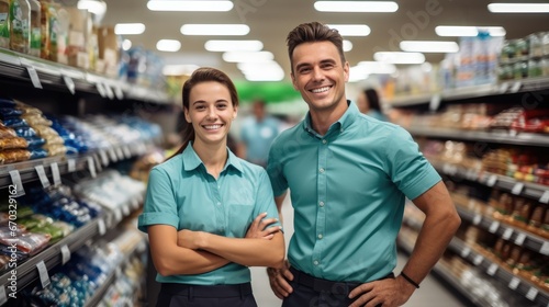 A confident colleagues worker standing in the supermarket.
