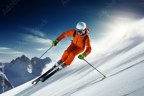 day sunny piste prepared mountains skier   skiing ski man skier winter snow action active adult beautiful blue cold cool dangerous downhill extreme fast freeze fun guy happy ice lifestyle lift © sandra