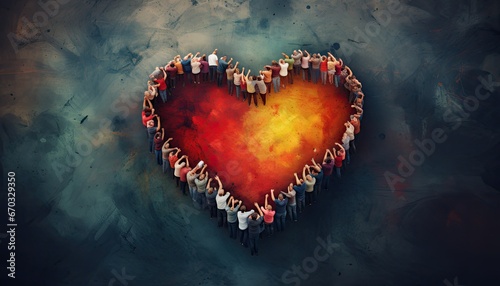 Illustration of Heart Shape Embraced by a Joyful Crowd
