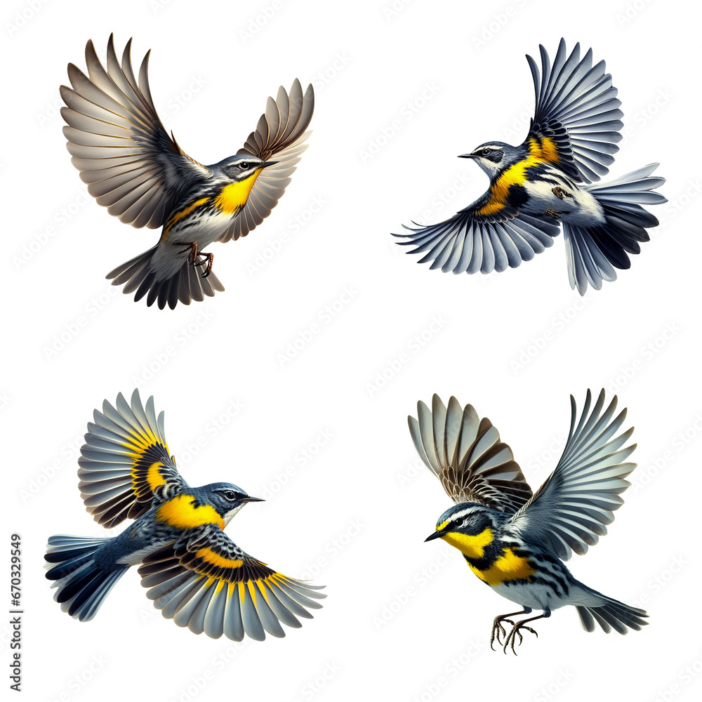 Obraz premium A set of Yellow-rumped Warblers flying on a transparent background