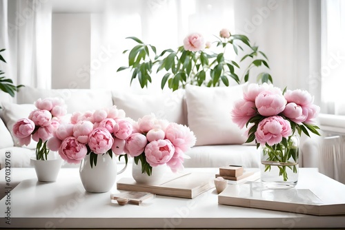 home decoration, fresh pink peonies on coffee table in white roo 