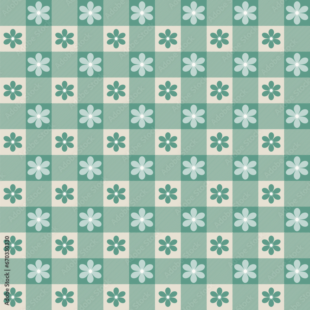 Abstract geometric seamless and checkered patterns with flowers of green and beige colors. Element design for background and fabric print. Vector illustration.