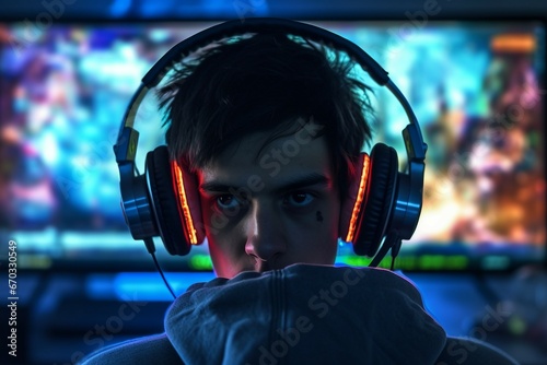 headphone wearing game video playing gamer young technology laptop computer communication earphones cyberspace people working man male person modern fun gaming student