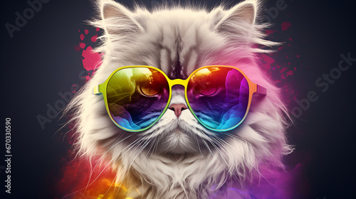 Cool and colorful glasses cat on black background with copy spce Rainbow colors Diversity tolerance inclusion concept Different and unique to be Fashionable kitty Banner with empty space Generative ai