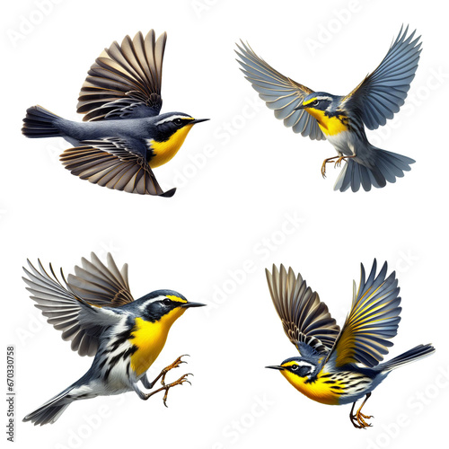 A set of male and female Yellow-throated Warblers flying on a transparent background © DLW Designs