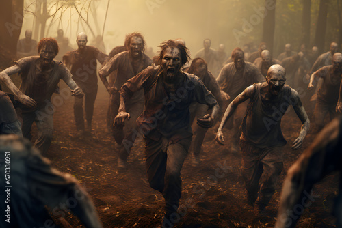 group of zombies running in forest at morning. Neural network generated image. Not based on any actual person or scene.