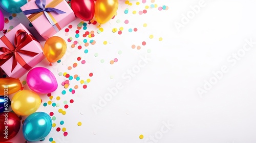 background new year, flat lay, ballon, gift box, luxury, colorfull background and copy space, generative ai