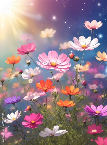 Cosmos flowers in the meadow with sun rays and lens flare © nuiiko