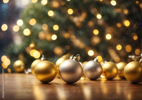 Gold and silver christmas balls on table and blury Christmas tree background.