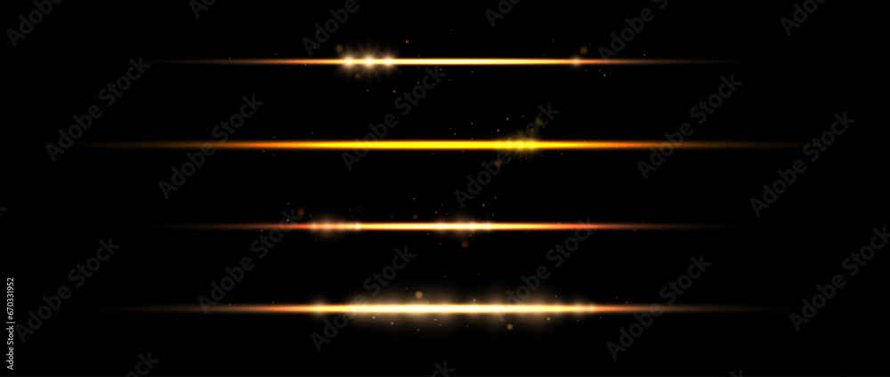 Gold neon divider lines set. Yellow glowing horizontal stripes collection. Fluorescent golden light streaks with sparks and sparkles pack. Vector shining beam elements for poster, banner, decoration - obrazy, fototapety, plakaty 