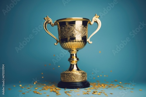 background blue cup winner gold trophy award succeed prize achievement champion celebration shiny success victory ceremony competition first white winning concept sport metal best place contest obje