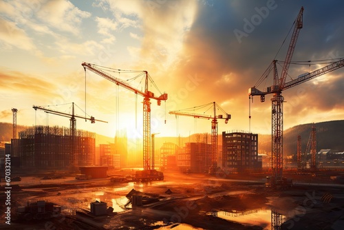 sunlight gold lots cranes several including site construction large under crane building real estate industry equipment build sun business heaven labor power shovel project city earth photo