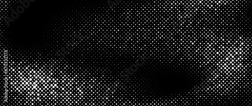 Halftone faded gradient texture. Rough grunge dotted comic background. Sandy gritty noise wallpaper. Retro pixelated grain backdrop for banner, poster, cover, collage, flyer. Vector overlay