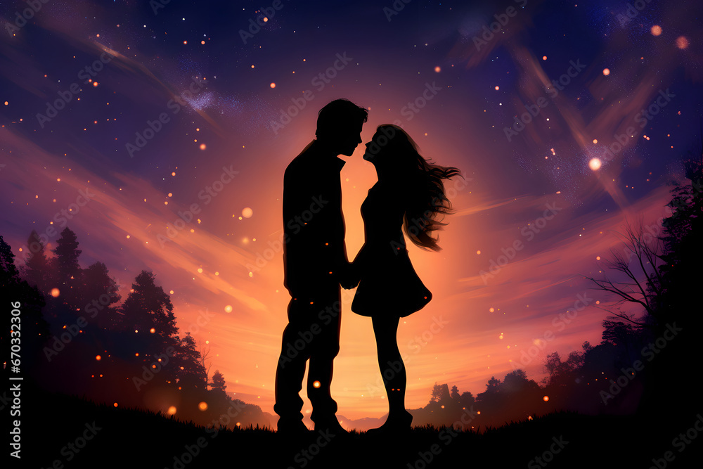Dreamy silhouette of heterosexual couple sharing a kiss under starry night sky. Neural network generated image. Not based on any actual person, scene or pattern.
