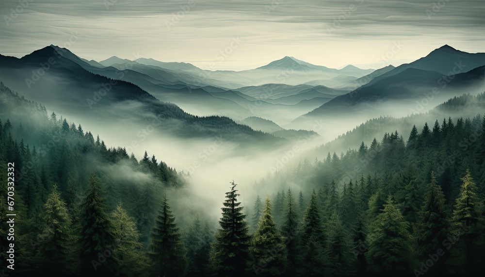 Obraz premium Green Mountains Enveloped in a Dreamlike Forest Fog
