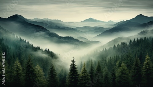 Green Mountains Enveloped in a Dreamlike Forest Fog