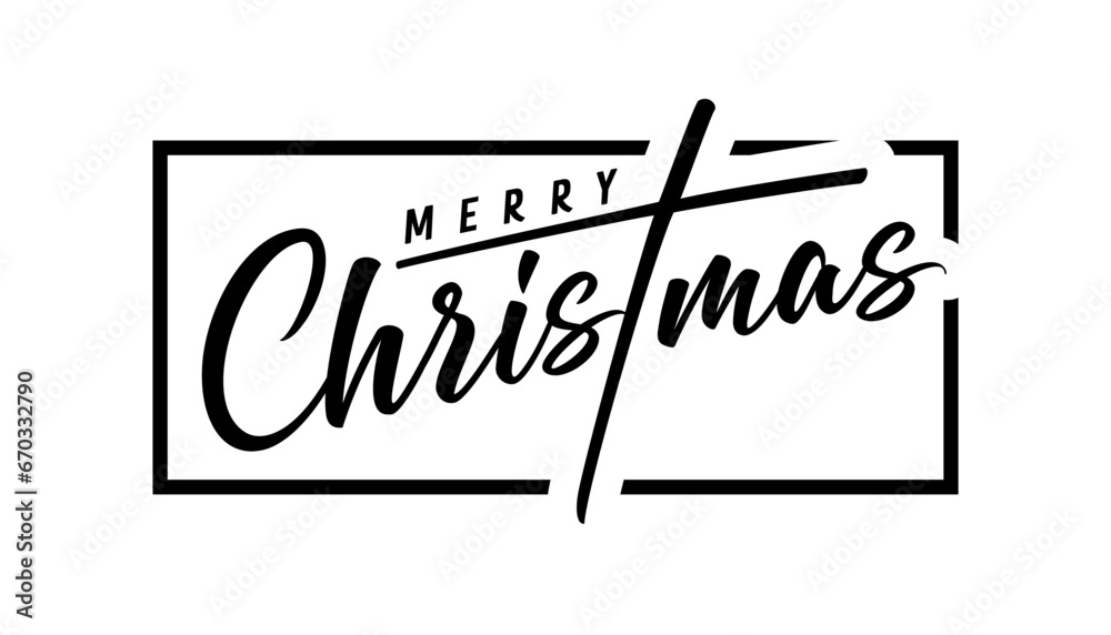 Merry Christmas black calligraphy lettering, web slide. Xmas handwritten inscription with text in frame. Vector illustration - obrazy, fototapety, plakaty 