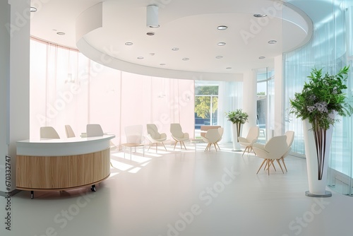 panorama bright reception waiting room clinic desk modern chairs plants indoor mockup screen copy space television banner wall advertising commercial entrance poster promotion interior equipped
