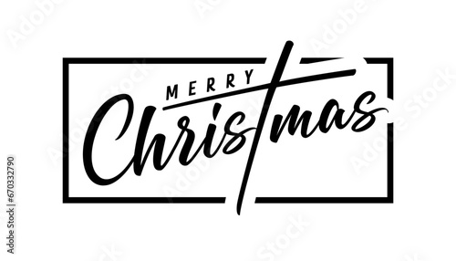 Merry Christmas black calligraphy lettering, web slide. Xmas handwritten inscription with text in frame. Vector illustration