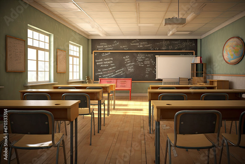 rendering 3D classroom interior The three-dimensional blackboard building chair childhood conference day design desk domestic education empty floor group hall horizontal image indoor inside learning