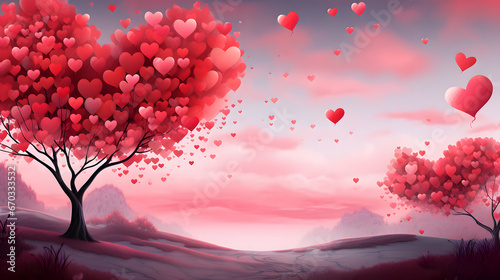 minimalistic valentines day background with heart shaped tree with red heart shaped red leaves. Neural network generated image. Not based on any actual scene or pattern.