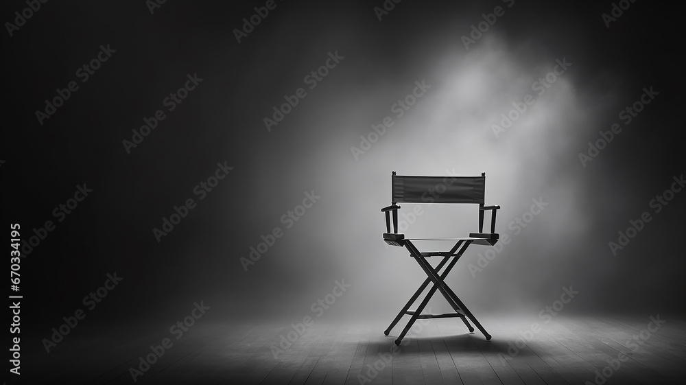 Fototapeta premium director's place, a lonely chair in the stage smoke on a dark background, the concept of cinema, management, loneliness
