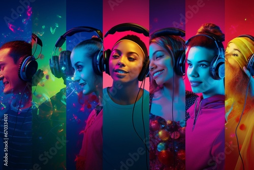 proposal ad flyer headphones music listen smiling sales expression facial emotions human concept neon background multicolored people emotional young portraits collage studio