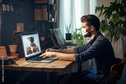 pandemic coronavirus concept home work stay office computer call video zoom having man young meeting remote team people businessman working portrait laptop happy professional person