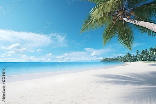 tropical beach view at sunny day with white sand, turquoise water and palm tree. Neural network generated image. Not based on any actual scene or pattern. © lucky pics