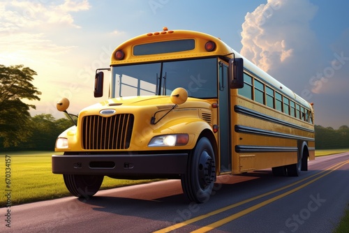 background sunny clean blacktop bus School travel children pecking auto caution stop academy route state transport public grade yellow safety vehicle educate zone american america summer ride