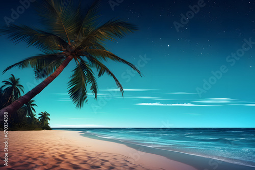 tropical beach view with white sand, turquoise water and palm tree at night. Neural network generated photorealistic image. Not based on any actual scene or pattern.