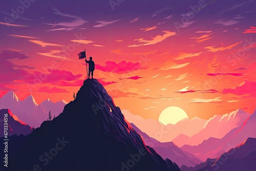 Inspiring Illustration of Man Holding Flag on Mountain Peak, Embracing the Sun's Radiance