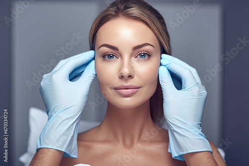 care spa skin perfect procedure operation preparation gloves hands cosmetologyst woman blonde young portrait close beauty face beautiful white bed people smile