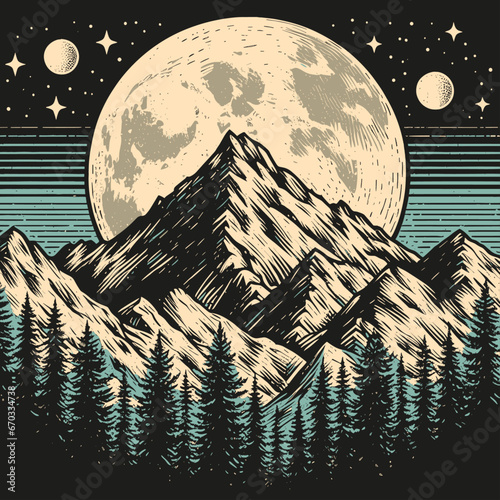 Poster Mountain in the night with the full moon vintage style