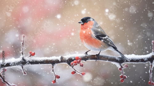 small abstract bird on a branch, winter greeting card greeting background wildlife copy space