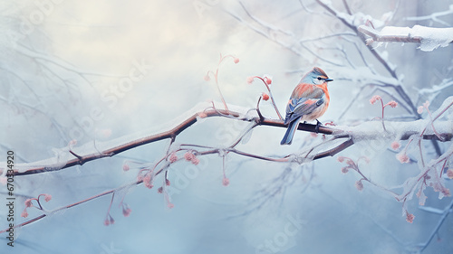 small abstract bird on a branch, winter greeting card greeting background wildlife copy space
