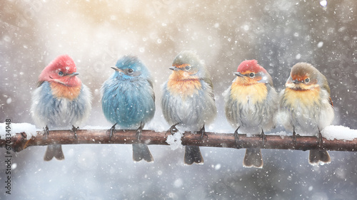 winter postcard, a row of colorful little birds in a snowfall on a branch, snow weather nature © kichigin19
