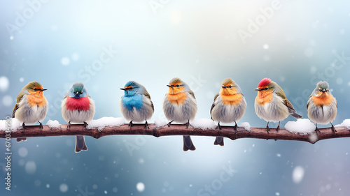 winter postcard, a row of colorful little birds in a snowfall on a branch, snow weather nature