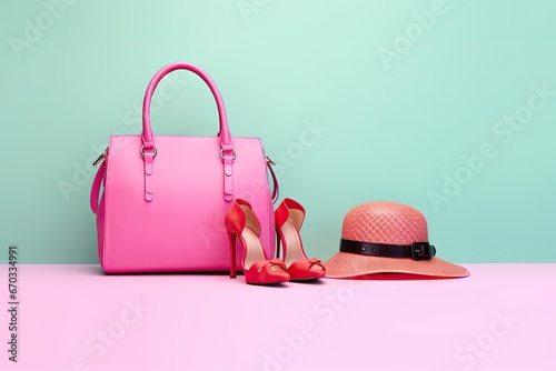image shopping items accessories fashion woman background pink isolated hat shoes purse bags hand colorful accessory item fashionable sale clothing many closet copy spring autumn pursed photo