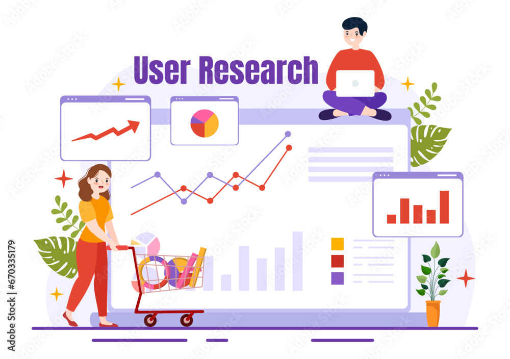 User Research Vector Illustration of People Searching and Exploring in Networks to Design Project, Online Survey and Analytics in Flat Background
