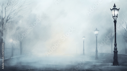 autumn watercolor light gray background, street lamp on a blurry background copy  space blank greeting form