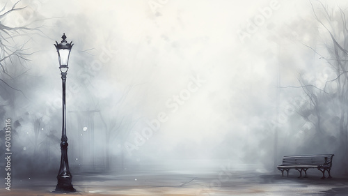 autumn watercolor light gray background, street lamp on a blurry background copy  space blank greeting form