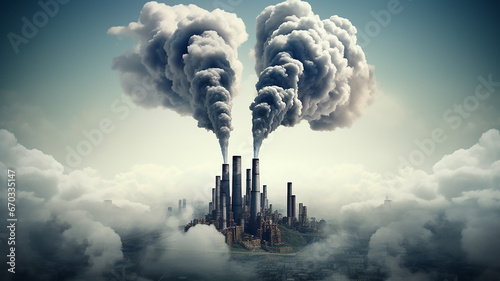 factory with large pipes and smoke pollutes the air, the atmosphere and the threat to the environment, the problem of carbon footprint, global warming photo