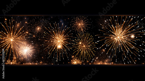 golden fireworks explosions on a black background frame festive fireworks in the dark © kichigin19