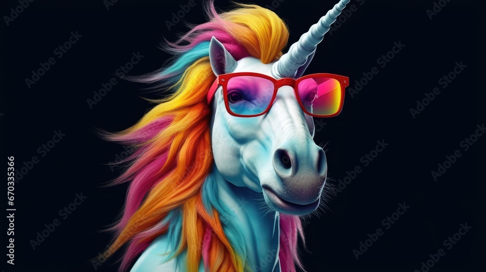 unicorn wearing a rainbow glasses over black background