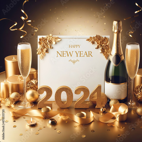 A beautifiul decoration of champagne, cups and 2024 golden text